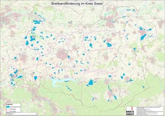 Landrätin Eva Irrgang hofft auf einen positiven Förderbescheid noch im Februar. Die Karte zeigt die Flächen, die mit Hilfe der Bundesförderung gefördert werden können. KARTE: KREIS SOEST 