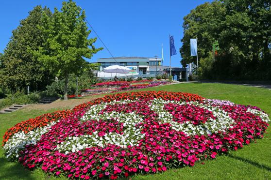 An das 50-jährige Bestehen der Gemeinde Wickede (Ruhr) in diesem Jahr erinnert auch das bunte Blumenbeet, welches der kommunale Bauhof auf dem Hang vor dem Bürgerhaus gepflanzt hat. FOTO: ANDREAS DUNKER