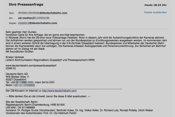 Die Auskunft der NRW-Pressestelle der Deutschen Bahn vom heutigen 6. Dezember 2016 um 18.24 Uhr BILDSCHIRMFOTO/SCREENSHOT