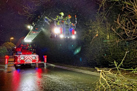 Bereits am Samstagabend musste die Wickeder Feuerwehr zu einem Baum an der Straße im Industriegebiet Westerhaar ausrücken, der durch den starken Wind in Schieflage geraten war und auf die Fahrbahn zu stürzen drohte. FOTO: FEUERWEHR WICKEDE
