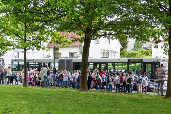 Vier Busse – darunter zwei Ziehharmonikabusse – brachten die Melanchthon-Grundschüler und ihre Betreuer zur Westfalen-Halle nach Dortmund und zurück. FOTO: CARSTEN HEINE
