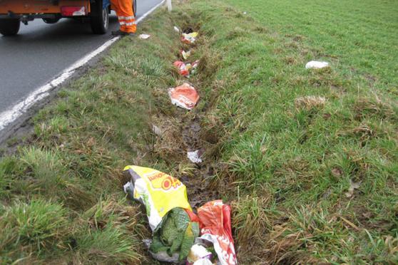 Die Kreisstraße 26 bei Ense-Lüttringen entpuppt sich bei der Frühjahrputz-Aktion des Kreis-Baubetriebshofes regelmäßig als besondere Problemzone: Müll säumt hier den Straßenrand. FOTO: HARTWIG THIELE / KREIS SOEST