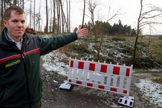 Förster Allan Mitchell vom Landesbetrieb „Wald und Holz NRW“ begutachtete am Samstag den Schaden durch den Windwurf im Hövelwald. FOTO: ANDREAS DUNKER